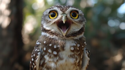 Naklejka premium Close-up of a Spotted Owl with bright eyes, open beak. Perfect for nature, wildlife, or bird-themed projects needing a cute, expressive image.