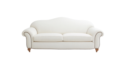 Elegant white sofa with plush cushions and curved arms