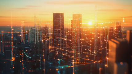 Fototapeta premium Smart Innovation city with connection cyber security network reciprocity over the sunset cityscape future wireless digital city and social media networking systems that connects people in the city