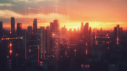 Fototapeta premium Smart Innovation city with connection cyber security network reciprocity over the sunset cityscape future wireless digital city and social media networking systems that connects people in the city