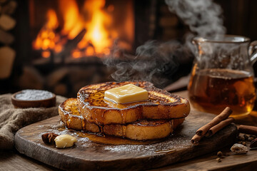 Refined French Toast Presentation with Mint Garnish on a Marble Table, Urban Ambiance