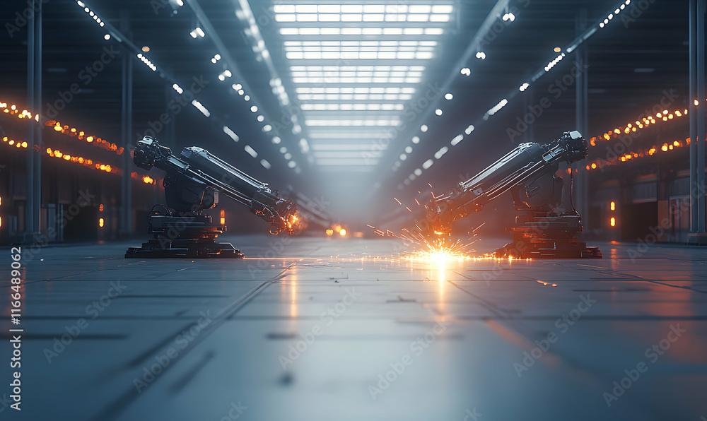 Poster futuristic factory scene with robotic arms welding, sparks flying, creating a dramatic and technolog