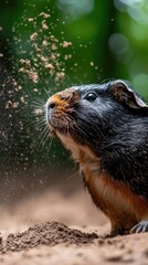 A close-up of a guinea pig shaking off dirt in a natural setting.
