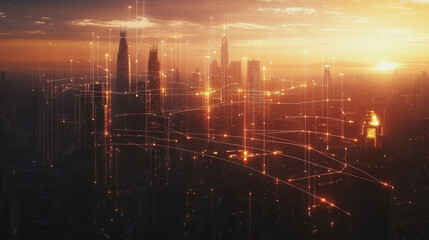 Obraz premium Smart Innovation city with connection cyber security network reciprocity over the sunset cityscape future wireless digital city and social media networking systems that connects people in the city