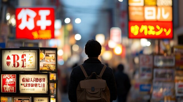 Tourist explores vibrant Tokyo street at night