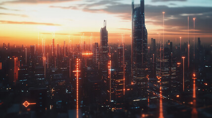 Smart Innovation city with connection cyber security network reciprocity over the sunset cityscape future wireless digital city and social media networking systems that connects people  in the city
