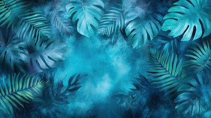 A hyper-realistic photograph of vibrant tropical foliage, featuring intricate fern leaves and bright blue and teal hues. The background is softly blurred, emphasizing the lush leaves