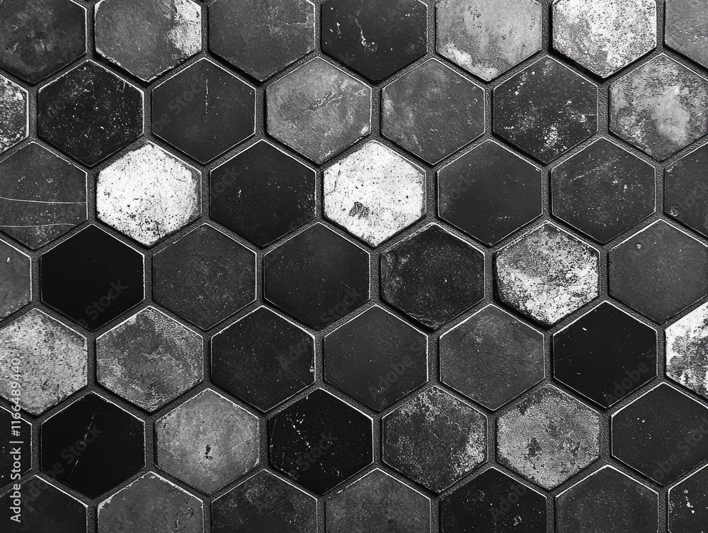 Poster black and white hexagonal tile texture with grunge effect. ideal for backgrounds, industrial designs