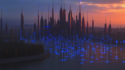 Smart Innovation city with connection cyber security network reciprocity over the sunset cityscape future wireless digital city and social media networking systems that connects people  in the city