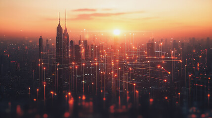 Obraz premium Smart Innovation city with connection cyber security network reciprocity over the sunset cityscape future wireless digital city and social media networking systems that connects people in the city