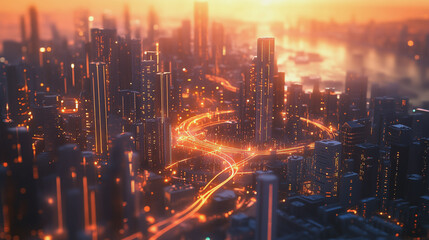 Smart Innovation city with connection cyber security network reciprocity over the sunset cityscape future wireless digital city and social media networking systems that connects people  in the city