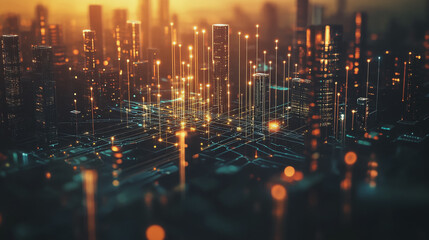 Smart Innovation city with connection cyber security network reciprocity over the sunset cityscape future wireless digital city and social media networking systems that connects people  in the city