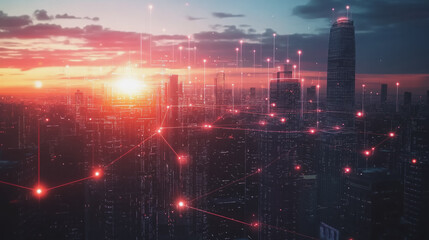 Smart Innovation city with connection cyber security network reciprocity over the sunset cityscape future wireless digital city and social media networking systems that connects people  in the city