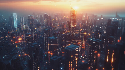 Fototapeta premium Smart Innovation city with connection cyber security network reciprocity over the sunset cityscape future wireless digital city and social media networking systems that connects people in the city