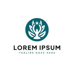 Elegant Education Logo with Abstract Human Image with leaves beside it, and Star in Light Blue Circle Design