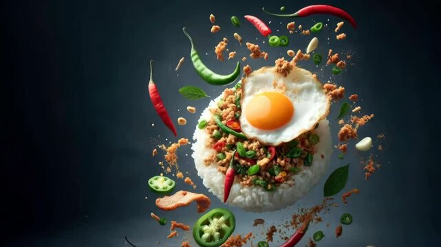 Thai dish 'Pad Krapow' is a spicy stir-fry with basil, meat, pork and aromatic herbs. Generative AI.