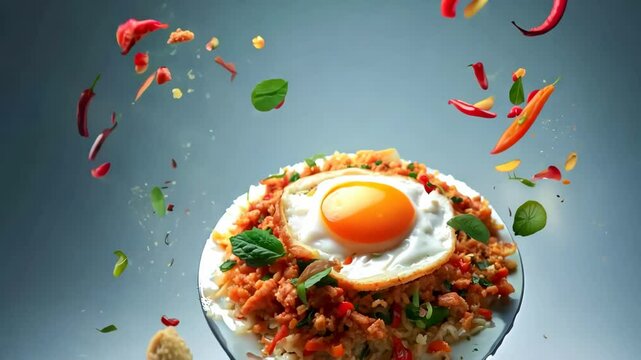 Thai dish 'Pad Krapow' is a spicy stir-fry with basil, meat, pork and aromatic herbs. Generative AI.