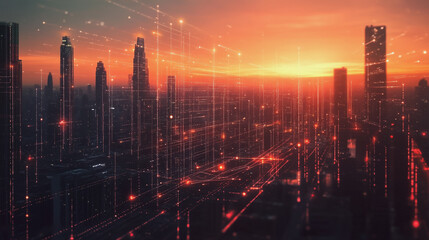 Fototapeta premium Smart Innovation city with connection cyber security network reciprocity over the sunset cityscape future wireless digital city and social media networking systems that connects people in the city