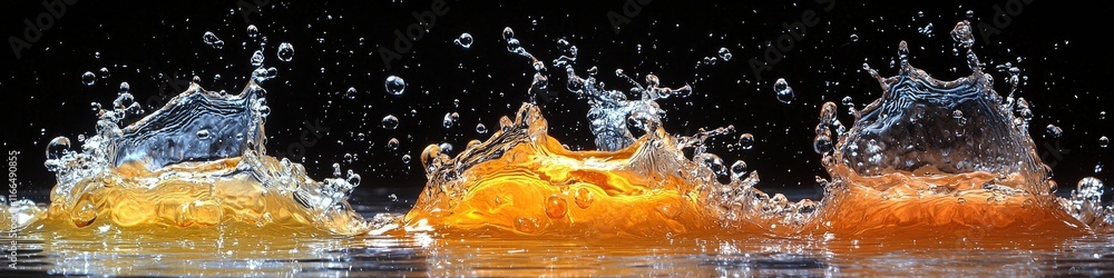 Poster a dynamic splash of three colorful liquids against a dark background.