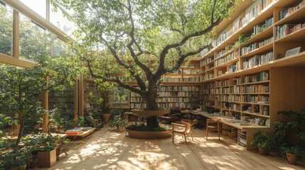 Fototapeta premium Sunlit library with tree growing indoors; bookshelves surround a large tree, creating a tranquil workspace. Ideal for articles about nature, libraries, architecture, or peaceful work environments.
