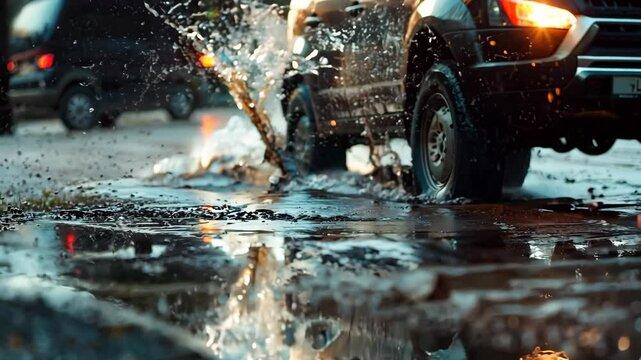 Car stepped into a puddle of mud on the broken road.