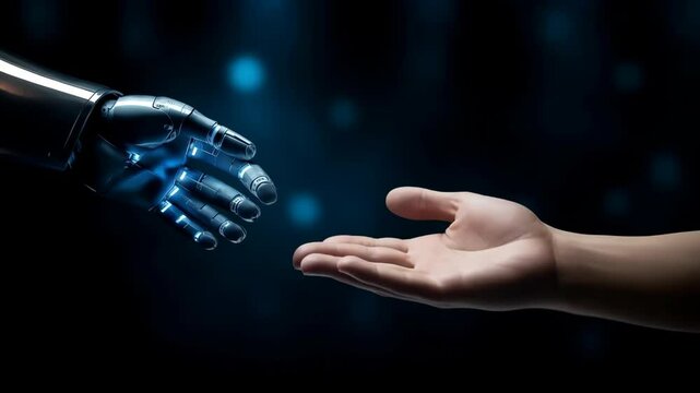 An image of a human hand reaching out to touch a robotic hand, symbolizing the harmony between humanity and technology. generative AI