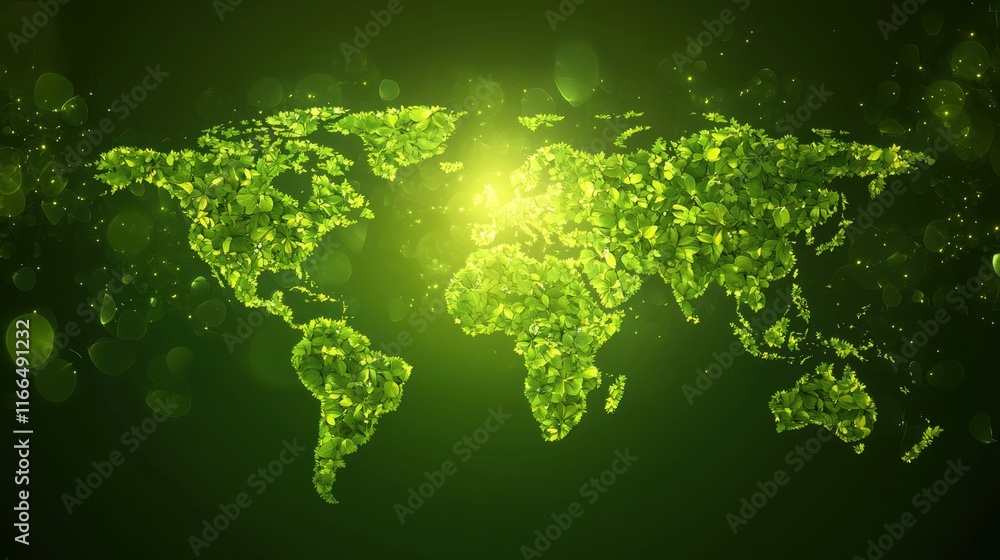 Poster a glowing green earth map with continents made of leaf patterns, set on a dark green background with