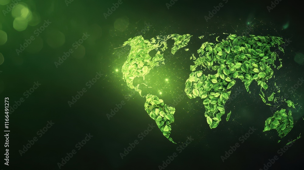 Poster a glowing green earth map with continents made of leaf patterns, set on a dark green background with