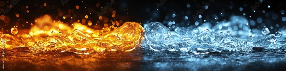Poster a dynamic visual of contrasting fire and water elements blending together.