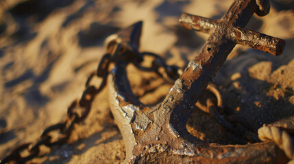 Close-up of a rusted anchor with visible cracks and wear resting on a sandy beach, symbolizing damage and neglect. Maritime and nautical themes, aging and decay concepts.