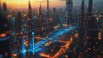 Fototapeta premium Smart Innovation city with connection cyber security network reciprocity over the sunset cityscape future wireless digital city and social media networking systems that connects people in the city