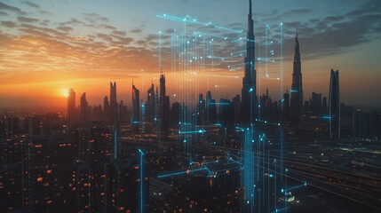 Fototapeta premium Smart Innovation city with connection cyber security network reciprocity over the sunset cityscape future wireless digital city and social media networking systems that connects people in the city