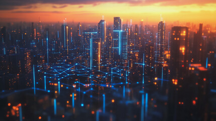 Fototapeta premium Smart Innovation city with connection cyber security network reciprocity over the sunset cityscape future wireless digital city and social media networking systems that connects people in the city