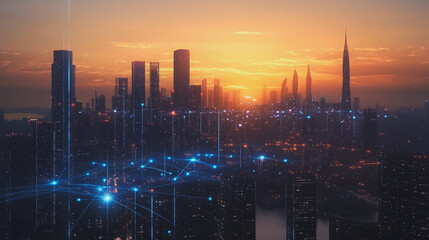 Obraz premium Smart Innovation city with connection cyber security network reciprocity over the sunset cityscape future wireless digital city and social media networking systems that connects people in the city