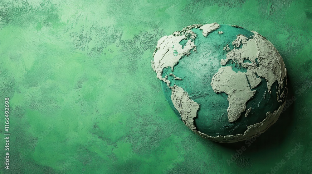 Poster a stylized green earth map with minimal details, resting on a green background with soft texture and