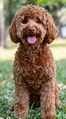 Fototapeta premium A fluffy brown dog sitting on grass with a happy expression.