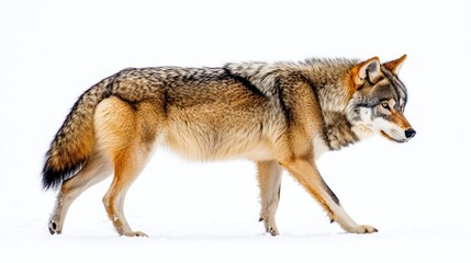 A wolf walking gracefully across a snowy landscape.