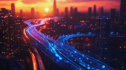 Smart Innovation city with connection cyber security network reciprocity over the sunset cityscape future wireless digital city and social media networking systems that connects people  in the city