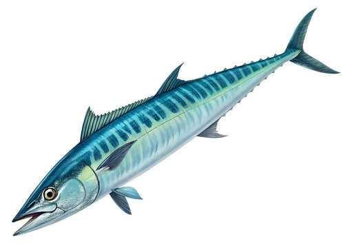 Illustration of A fast-moving wahoo with elongated body and blue-green iridescent scales, isolated on a transparent background