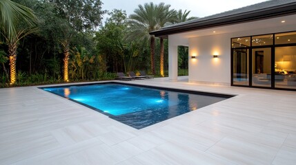 Modern pool area with illuminated water and tropical landscaping.