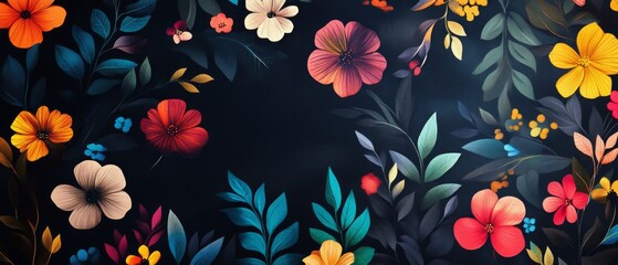 Dark floral background wallpaper design with multicolor flowers and leaves