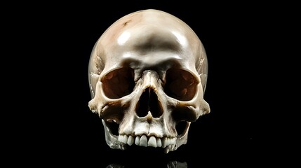 Frontview of natural human skull on isolated black background