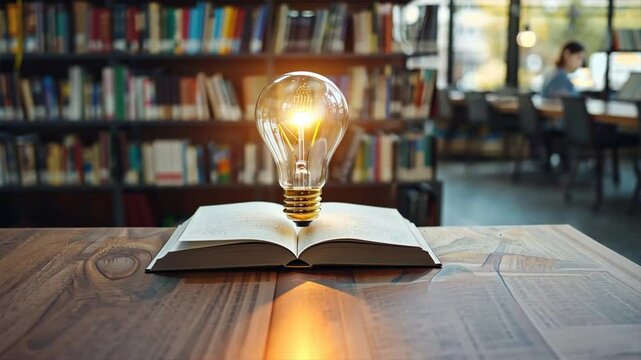 Illuminating Knowledge Glowing Light Bulb Above Open Book on Wooden Table in Library Inspires Reading and Education Amidst Shelves of Books.