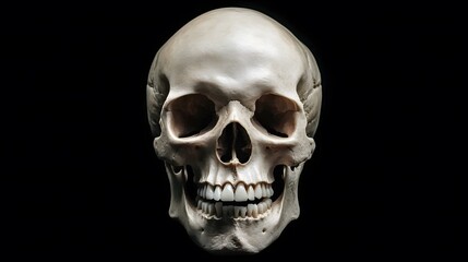 Frontview of natural human skull on isolated black background