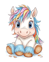 A colorful unicorn with rainbow hair is sitting on a white background