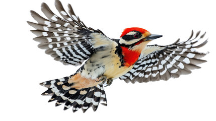 Woodpecker in flight isolated on white background 