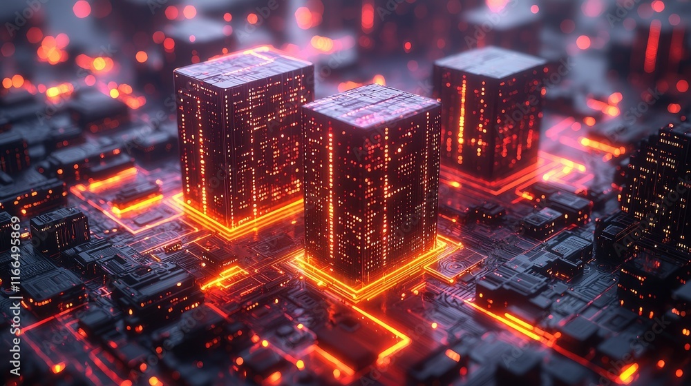 Poster a futuristic digital landscape with glowing structures and circuitry.