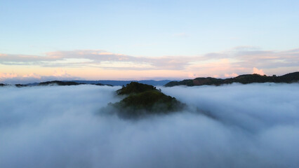 Obraz premium Beautiful panorama of foggy mountain in the morning, Indonesia