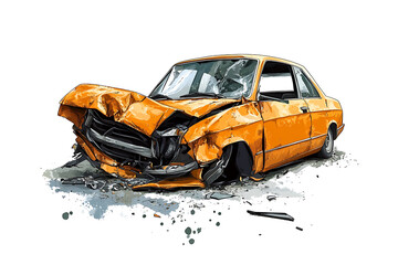A heavily damaged orange car, illustrating the aftermath of an accident.