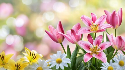 Fototapeta premium Pastel Spring Flowers Lilies Tulips Daisies in Bloom